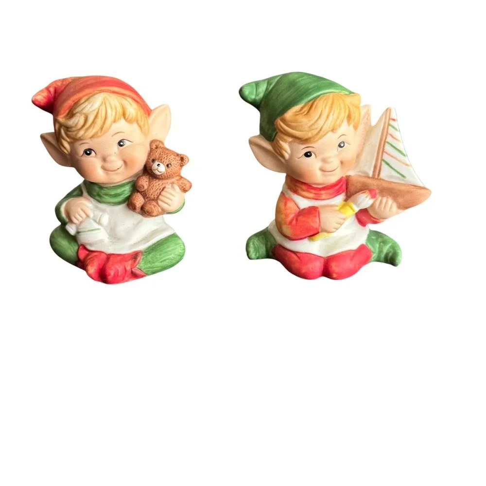 Vintage Homco Christmas Elf Figurines Set 2 Ceramic Toy Maker 5253 Bear Boat